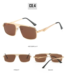 Drei Ansichten der quadratischen Metallsonnenbrille mit Doppelsteg und braunen Gläsern