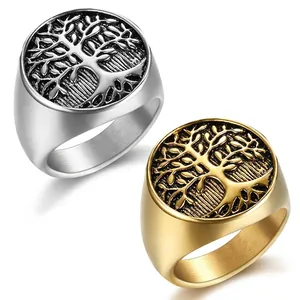 Vintage Tree of Life signet ring for men in gold and silver polished stainless steel