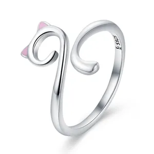 Adjustable S925 sterling silver open ring featuring minimalist cat head and pink enamel ears