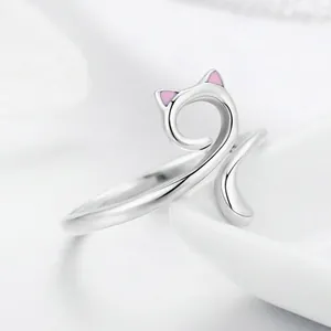 Minimalist S925 sterling silver cat ear open ring with pink enamel details