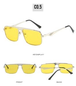 Detailansichten der gelben Pilotenbrille mit silbernem Metallrahmen und Doppelsteg-Design