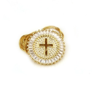 Gold plated round hollow cross pendant necklace with sparkling rectangular cubic zirconia