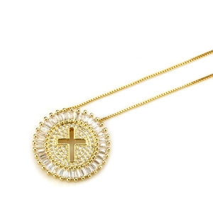 Gold plated round hollow cross pendant necklace with baguette cut zircon stones