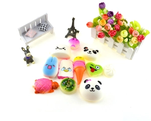 Set of 10 slow-rising squishy bread toys with cute panda, donut, and ice cream designs