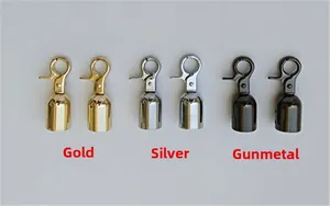 Three-color metal lobster clasps and cord end caps in gold, silver, and gunmetal finishes