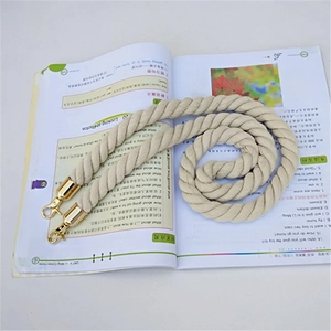 Detail of beige twisted cotton rope bag strap with golden metal swivel clasps on books