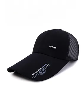Detail of black sports cap featuring mesh back and embroidered SPORT letter logo