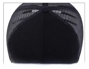 Detail shot of heavy-duty reinforced stitching on the crown of a black mesh baseball cap