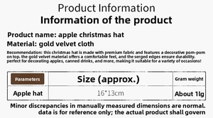 Size chart for velvet Christmas apple hat decorations with 16x13cm dimensions