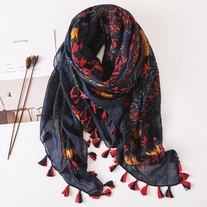 Women Large Square Scarf Shawl Floral Print Polyester Voile Cotton Linen Feel Tassels Retro Bohemian Style Versatile Beach Wrap