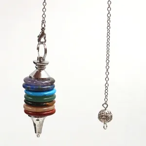 Natural 7 chakra stone pendulum pendant with silver conical tip and bead chain