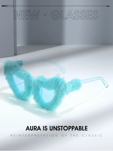 Detail showing high-quality light blue faux fur texture on heart-shaped sunglasses frame