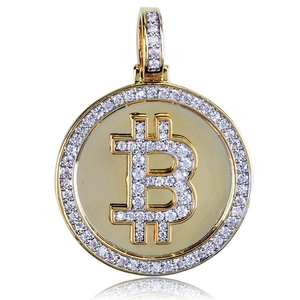 Close-up of golden Bitcoin pendant featuring sparkling cubic zirconia micro-pave setting
