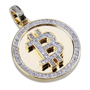 Macro shot of gold-plated Bitcoin pendant with micro-paved cubic zirconia stones
