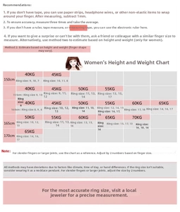 Size guide for women's S925 sterling silver rings based on height and weight measurements