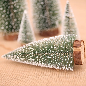 Mini flocked cedar Christmas tree with snow effect and natural wooden base for desk