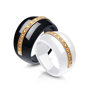 Minimalist 14mm stainless steel and ceramic couple rings with single row diamond inlay