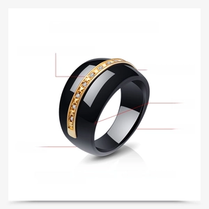 Detailed view of black ceramic and 14mm gold plated stainless steel ring with white crystals