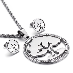 Three-piece Tree of Life jewelry set with sparkling rhinestones and stainless steel finish