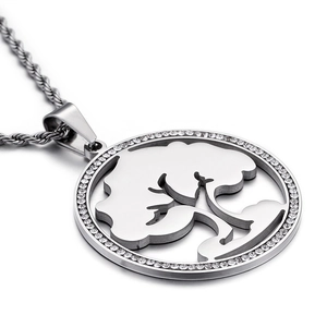 Polished silver stainless steel Tree of Life necklace with sparkling crystal ring pendant