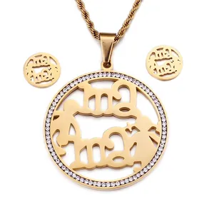 Stainless Steel Jewelry Round Hollow Mama Pendant Necklace And Stud Earrings Rhinestone Mother's Day Gift For Women