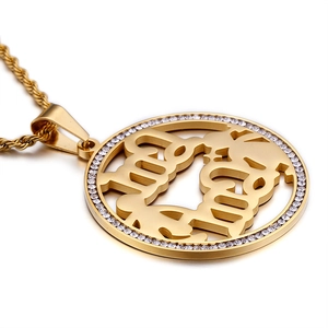 Golden mama necklace set with round crystal pendant featuring Arabic calligraphy and stones