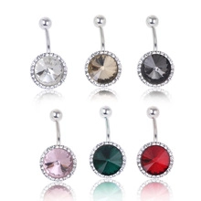 Detailed grid view of six floral belly rings set with colorful gemstones and rhinestones