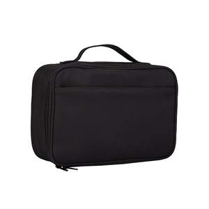 Insulated black Oxford cloth lunch bag with top handle and double zipper for storage
