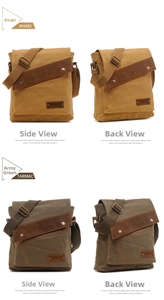 Detail of khaki and tarmac canvas messenger bags with leather trim and adjustable straps
