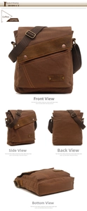 Detailed views of vintage coffee canvas messenger bag showing all sides and strap