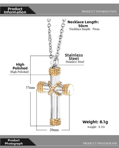 Technical diagram of two-tone stainless steel cross necklace with measurements and weight