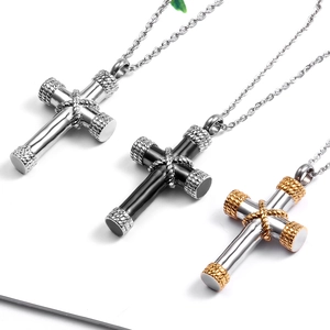 Stainless steel openable cross perfume bottle necklace in silver, black and gold tones