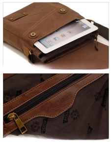 Detail of canvas messenger bag front pocket for iPad and interior zipper with leather logo