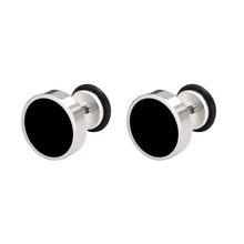 Detailed view of unisex black round disc stud earrings made of 316L stainless steel