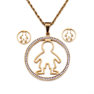 Golden titanium steel jewelry set with crystal pendant and human-shaped earrings