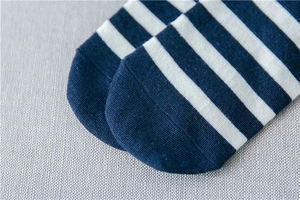 Detailed close-up of blue and white striped cotton socks showing premium knit texture