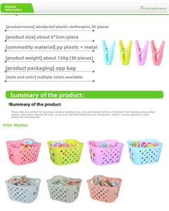Set of 30 windproof plastic clothes pegs with a storage basket in various soft colors