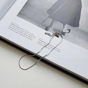 Detailed view of silver snake chain anklet with lobster clasp on an artistic photo book