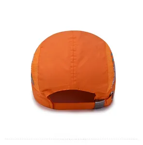 Rear view of quick-dry orange sports cap featuring breathable mesh and metal buckle