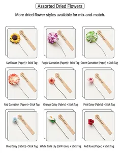 Detail view of assorted artificial paper and foam flowers with decorative kraft paper tags