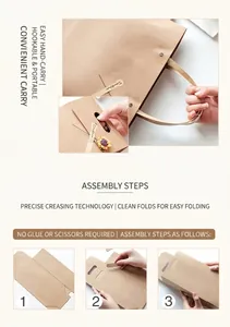 Step-by-step assembly guide for brown kraft paper gift bags with reinforced handles