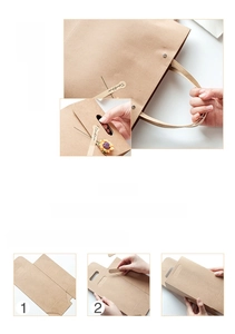 Step-by-step assembly guide for brown kraft paper gift bags with reinforced handles