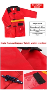 Detail view of red firefighter costume with reflective strips and plastic buckles