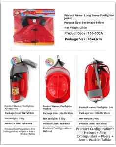 Kids firefighter costume set with helmet, extinguisher, and tools for role play games