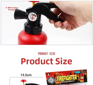 Detailed size view of red firefighter water spray toy with manual pump nozzle
