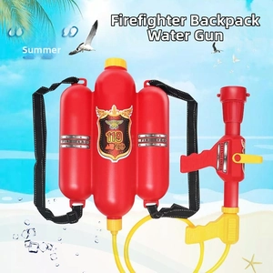Detail of firefighter backpack water gun with 119 and Fire Hero labels for kids