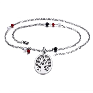 Silver stainless steel tree of life necklace set with colorful beads on white background