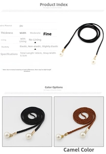 Detail of woven PU waist belt with pearl accents and 140cm length measurement info