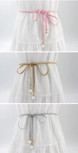 Three-pack woven waist belts with pearl pendants in pink, gold, and silver colors