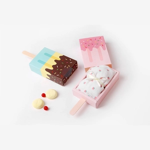Macaron color popsicle-shaped gift boxes with strawberry pattern socks and ribbon bow